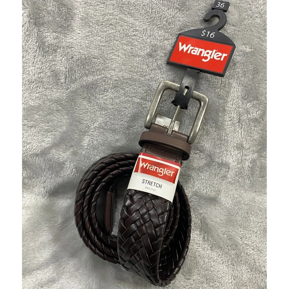 Wrangler Braided Leather Belt Mens 36 Dark Brown Stretch Woven Silver BW21510